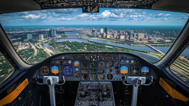 Aerial view from the cockpit of an aircraft flying over a vibrant city skyline and winding river photo