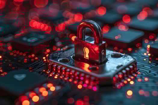 Cybersecurity Concept Lock Symbol on Electronic Circuit Board for Digital Protection photo