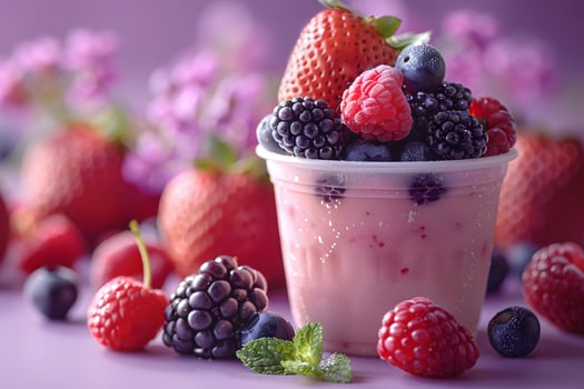 Fresh Summer Berries in Pink Yogurt Cup for Healthy Snacks and Refreshing Treats photo