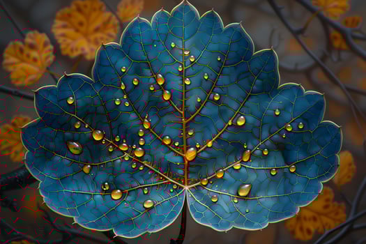 Nature's Artistry Vibrant Blue Leaf with Water Droplets for Autumn Decor photo