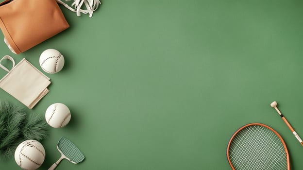 Tennis gear and equipment arranged on a green surface, including balls, a racket, and accessories photo