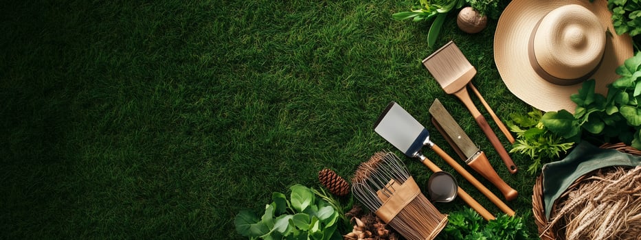 Gardening tools and accessories arranged on a lush green grass surface with natural elements and a sun hat nearby photo