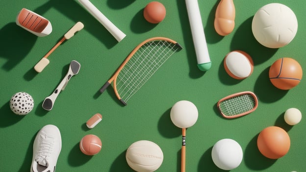 A collection of various sports equipment arranged on a green surface showcasing different balls and racquets in creative layout photo