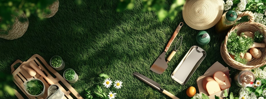 Gathering tools and fresh produce for a sunny afternoon of gardening in a lush backyard setting photo