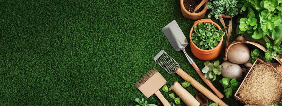 Tools and plants arranged neatly on a vibrant green surface for an afternoon of gardening at home photo