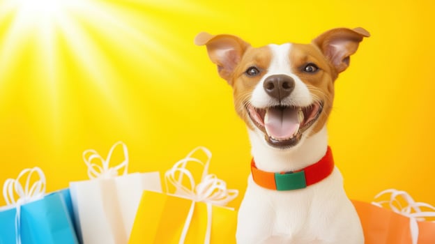 Happy dog with bright smile against vibrant yellow background, surrounded by colorful gift bags. This cheerful scene radiates joy and celebration photo