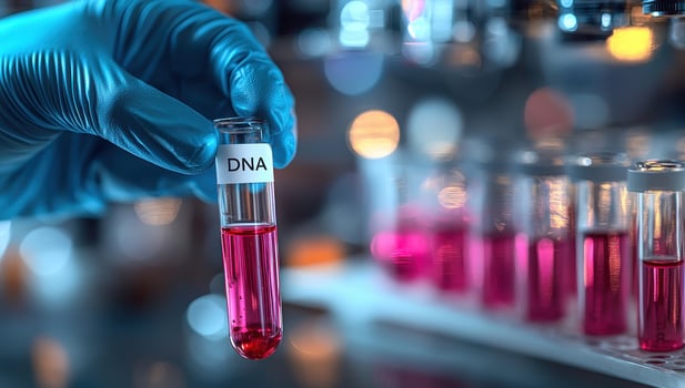 Scientist holding a test tube with DNA sample in a laboratory. Concept of genetic research, medicine and biotechnology. photo