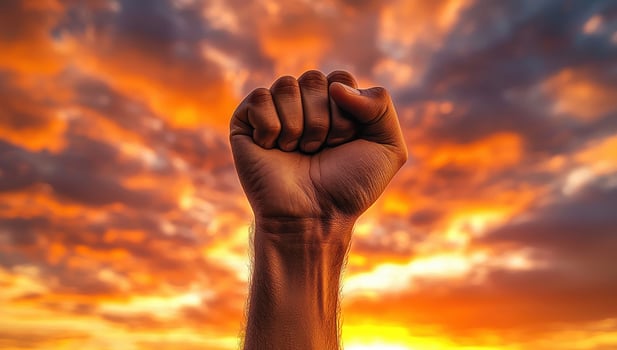 Raised fist against a dramatic sunset sky. Concept of revolution, protest, power, freedom, and resistance. photo