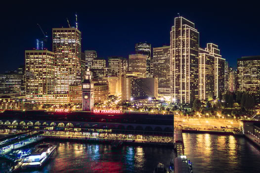 San Francisco Skyline and Ferry Building at Night with Holiday City Lights photo