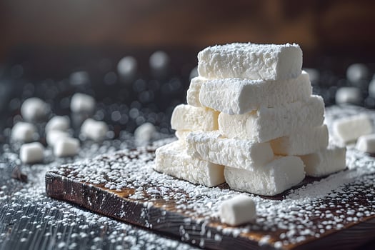 Stacked Marshmallows with Powdered Sugar on Wooden Board for Cozy Winter Treats photo