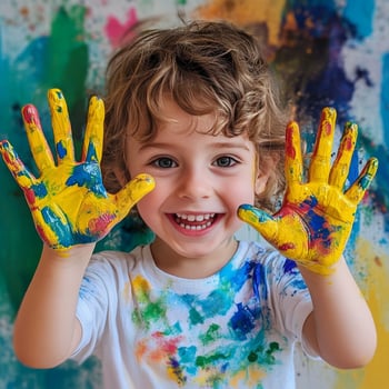 Colorful Finger Paint Fun. Engaging Kids Creativity Through Messy Hands photo