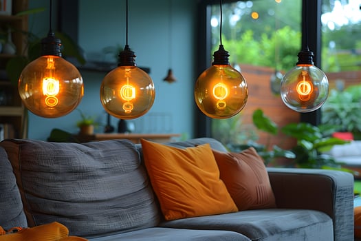 Cozy Modern Living Room with Vintage Edison Bulb Lighting and Vibrant Decor photo