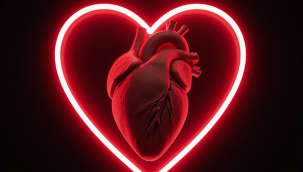 Glowing Red Neon Heart Shape encompassing a broken crackridden human heart representing heartbreak or pain in a 3D render format photo