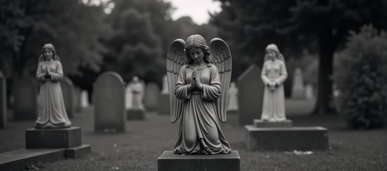 Gravestone with angel statue embodies grief remembrance wings signify prayer hope photo