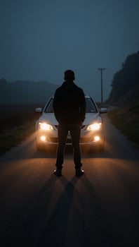 Man backlit by glowing car headlights on abandoned road during foggy night photo