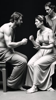 Greek family argument depicted through a blackandwhite raster illustration featuring intricate detail of characters attires and expressive gestures during a heated dispute between wife and husband in photo