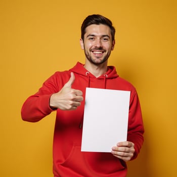 Man in red hoodie holds paper with thumbsup gesture photo