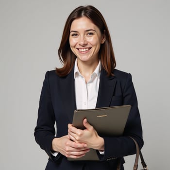 Businesswoman with brown hair and files confident smile Ideal for professional illustrations photo