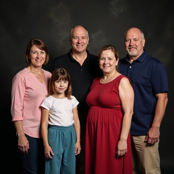 A genealogically themed group portrait showcases multiple generations standing together against a dark abstract backdrop remembering and honoring their ancestors created with photo