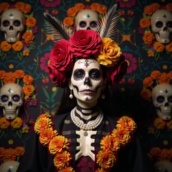 Mexican Day of the Dead and Halloweenthemed image featuring La Catrina as Santa Muerte depicted in traditional Mexican Death Mask style photo