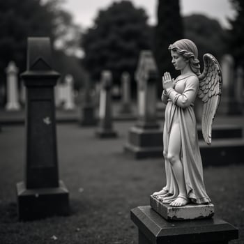 Gravestone with angel statue embodies grief remembrance wings signify prayer hope photo