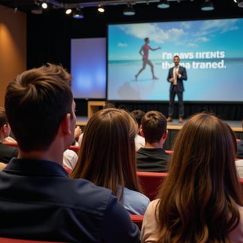 Motivational speech at a conference event featuring an inspiring leader and vivid imagery photo