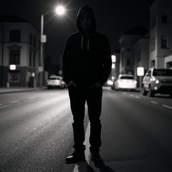 A hooded figure stands on an urban street amidst mysteryevoking blurs of light photo