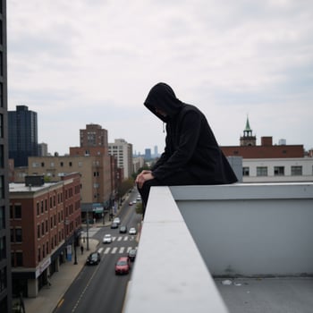 Hooded figure is depicted standing on a rooftop photo