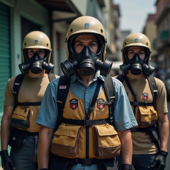 A scene with individuals donning gas masks and backpacks photo