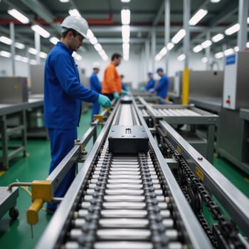 Electric vehicle battery production line features conveyor chains belts in an industrial setting photo
