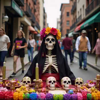 Mexican Calavera Grim Reaper with floral decorations on an altar amidst a bustling city street photo