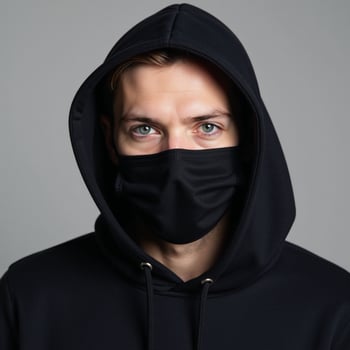 Masked man in dark hoodie with piercing blue gaze photo