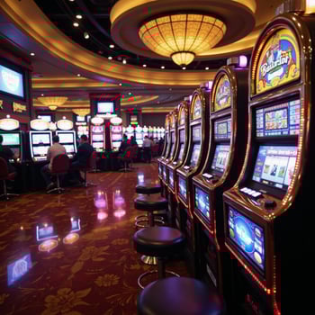 The subject is a glitzy casino scene set against the iconic backdrop of Las Vegas photo