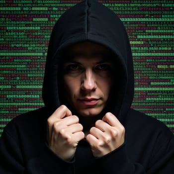 A hooded hacker amidst glitchy computer code glitch art photo