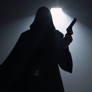 Hooded figure with gun in dark silhouette photo