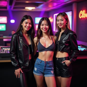 Vibrant nightclub scene illustrates confident friends posed for a stylish group photo beneath neon lights