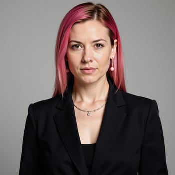 Woman in black suit with pink hair serious expression accessorized with necklace photo
