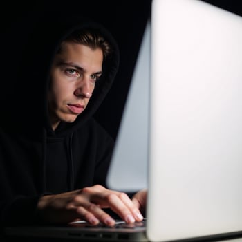 A hacker engages in cybercrime through his laptop on a dark backdrop while a young hacking prodigy battles him in an Internet Security Standoff photo