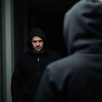 A man wearing a hood stalks someone on a dark night with criminal intent robbery or assault photo