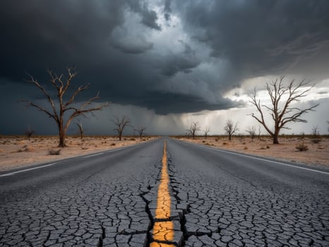 A road with cracked pavement and trees in the desert photo