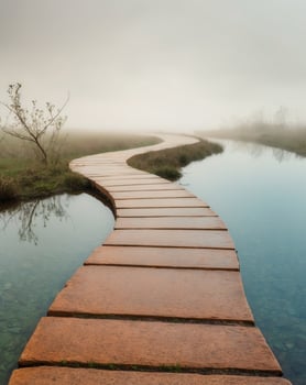 A wooden path leads to a body of water photo