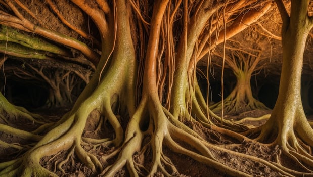 The roots of a tree are growing in a cave photo