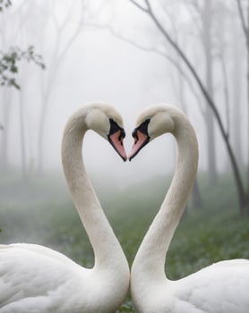 Two swans making a heart shape in the fog photo