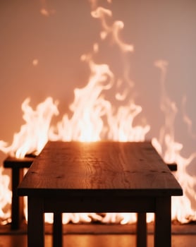 A table with a fire in the background photo