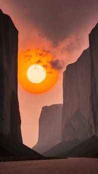 A sunset over a mountain range with a river photo