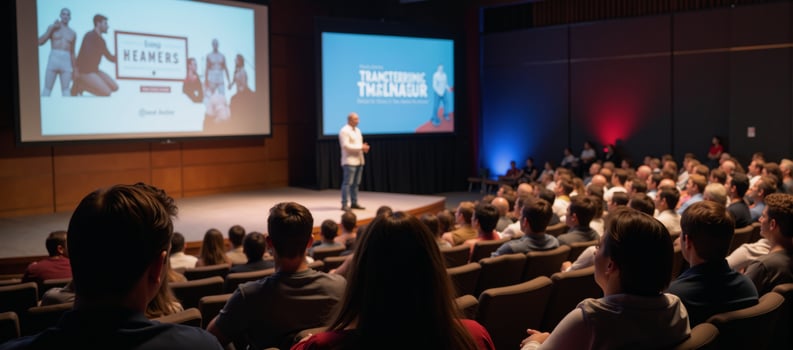 Motivational speech at a conference event featuring an inspiring leader and vivid imagery photo