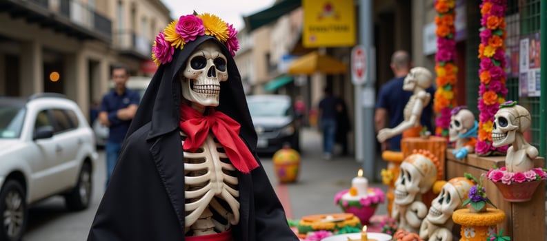 Mexican Calavera Grim Reaper with floral decorations on an altar amidst a bustling city street photo