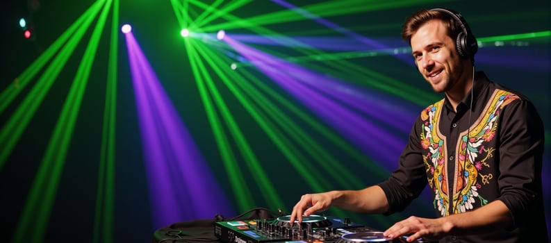 Illustrated image showcasing a DJ wearing headphones amidst pulsating laser light effects at a nightclub photo