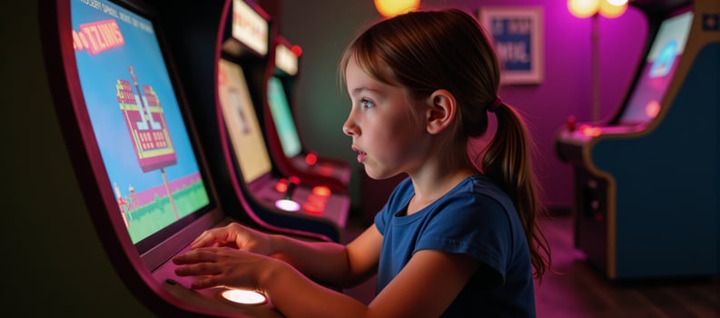 Girl playing pixel art arcade game in retrostyled gaming hall with neon lighting photo