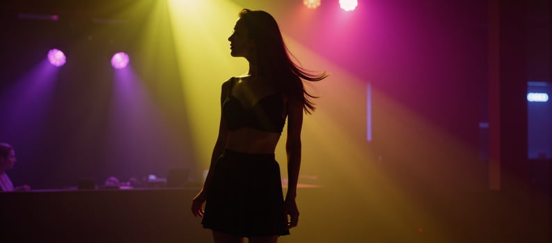 Woman figure silhouetted against bright lights in a nightclub photo